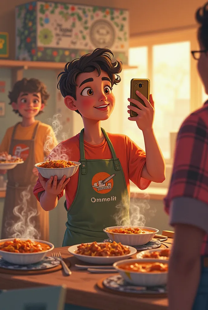 a volunteer handing out a soup at kitchen while taking a selfie for social media clout make it animation