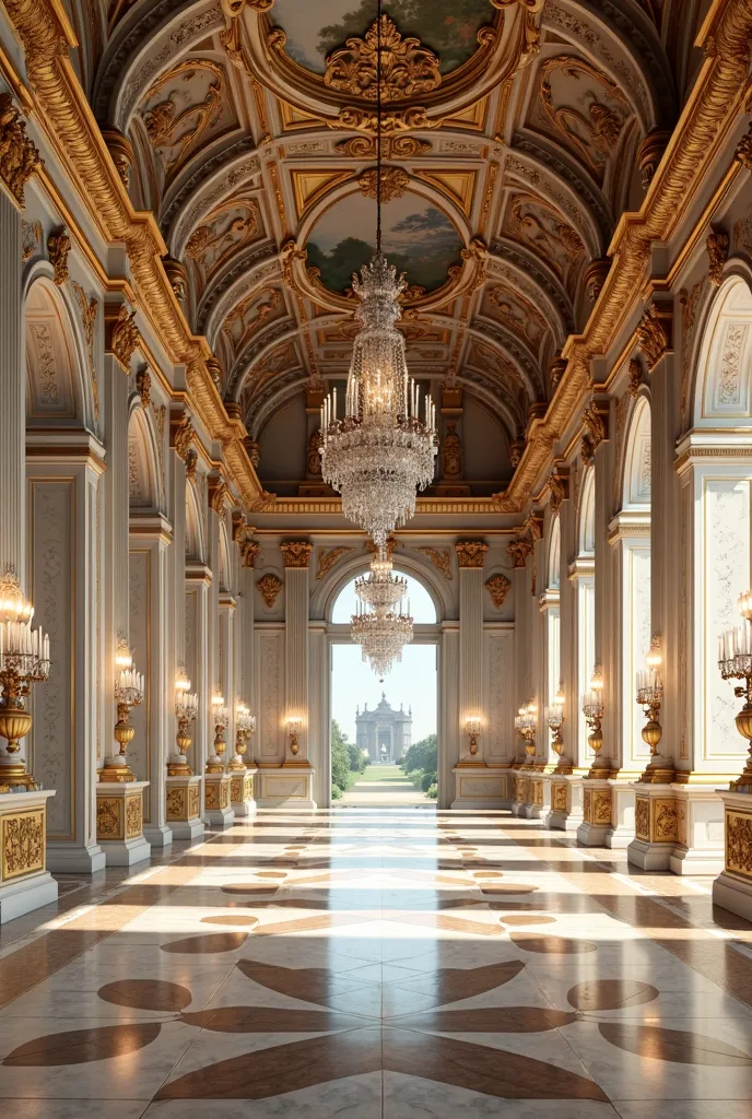 Palace Hall : An interior of the Palace of Versailles , showing an opulent hall decorated with gold, marble and chandeliers , suggesting the wealth and luxury of the court .