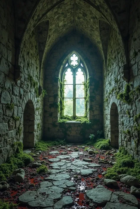 The interior of the monastery is in ruins, with cracked stone walls covered by dark moss.  but , part of the walls are not made of stone... but from twisted human flesh, pulsating lightly as if it were alive. stitched eyes , mouths frozen in silent screams...