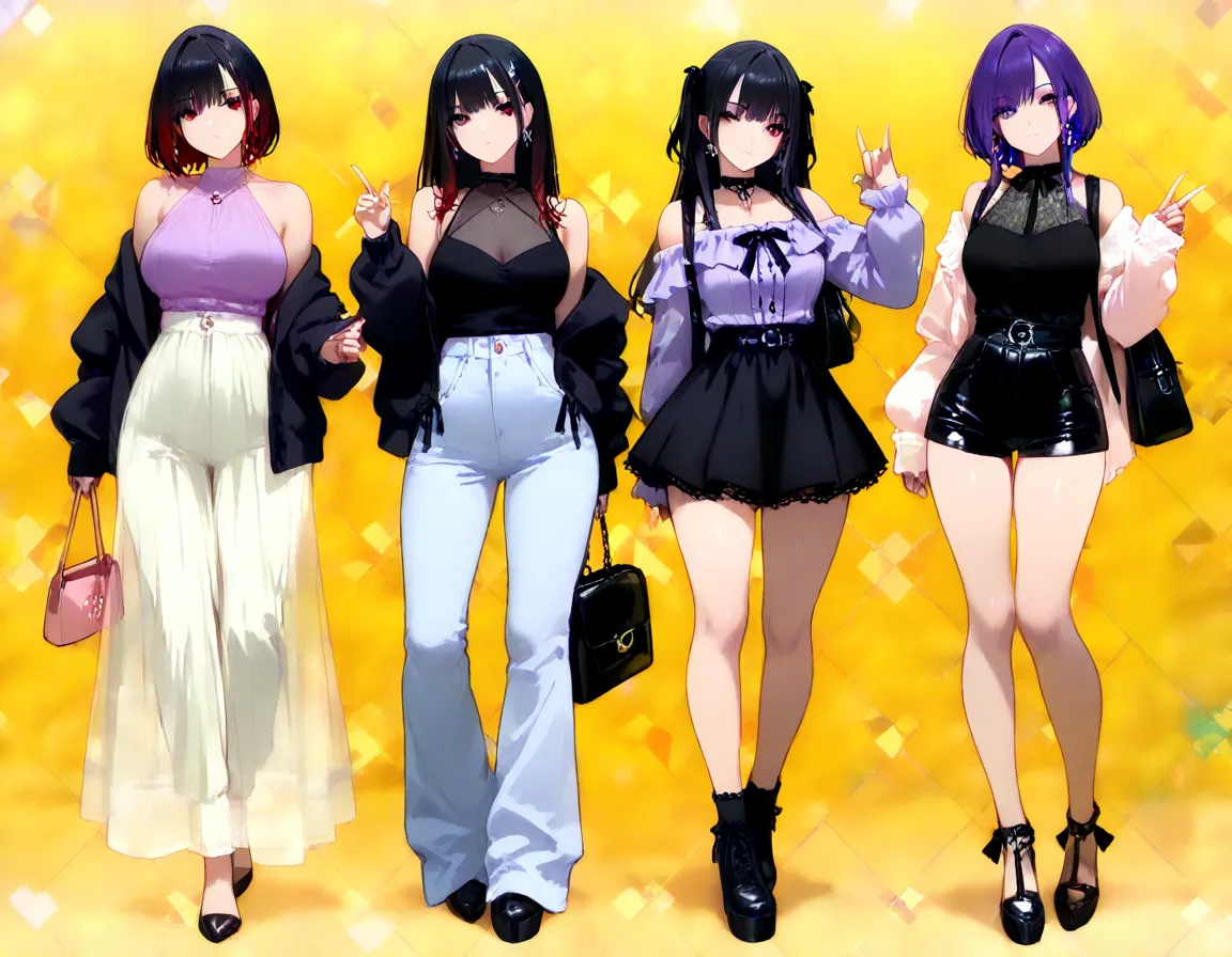 3 girls, anime characters, outfit designs, diverse outfits, (upper body character design), outfit design, fashion concept art, knit, shirt, shorts, skirt, blouse, halter neck, see-through, jacket, camisole, long pants, holding bag, different haircolor, bac...