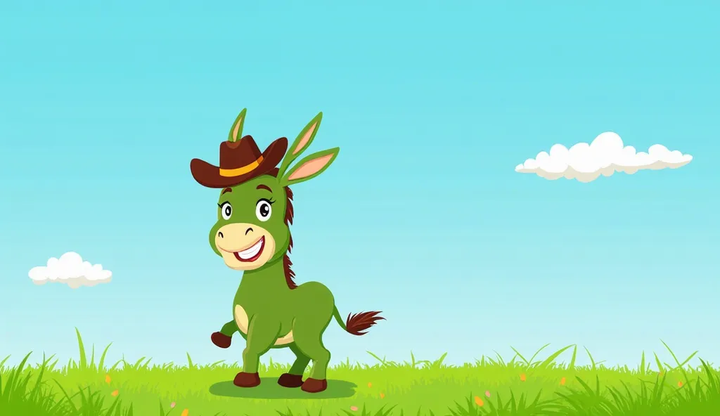 A green donkey standing on lush grass, wearing a cowboy hat. The donkey has a playful expression, with its ears perked up and its tail slightly raised. The background features a bright blue sky with a few fluffy clouds. The scene is colorful and cheerful, ...