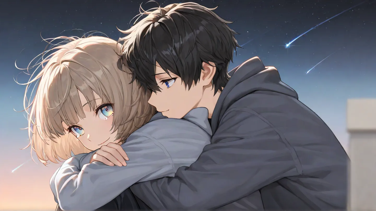 ((high resolution)), ((masterpiece)), ((best quality)), ((ultra detailed)), ((super fine illustration)), 8k, RAW , clear, professional lighting, beautiful face, best quality, , [18years old],, []1boy, 1girl,[hetero:1.3]from behind,tearfull ,hugging own leg...