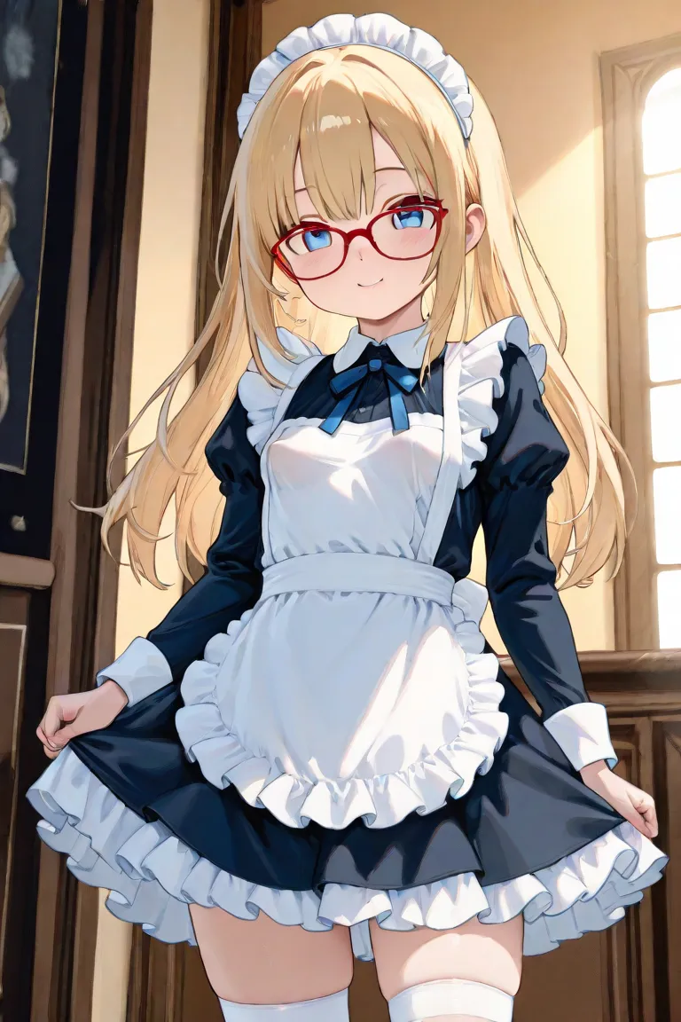 ( masterpiece, Highest quality, very detailed) (blonde long hair blue eyes red glasses  girl with small breasts)  Shoulder-sticking maid clothes, thigh high socks, peek out from below