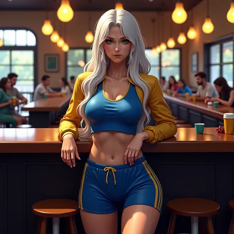 (best quality,4k,8k,highres,masterpiece:1.2),ultra-detailed, 1girl, Greek goddess Artemis as a college student, White hair, Mediterranean features and skin tone, Athletic build, wide feminine hips, wearing blue track top with gold sleeves and blue thigh le...