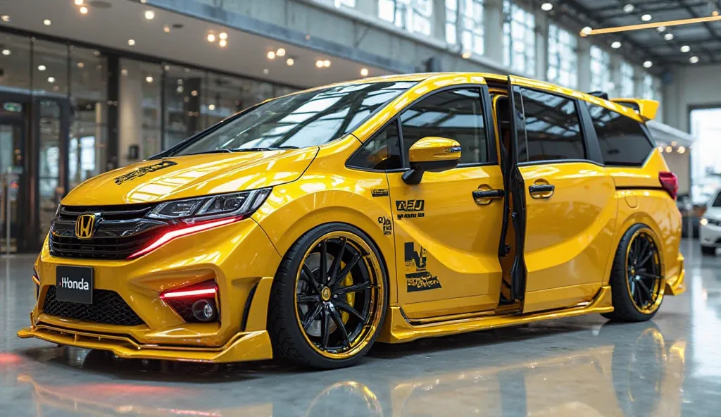 3D render of a heavily modified ( Honda Odyssey)in (yellow)colour, (full side  view) The car features opening doors, ultra-high-detail glossy and shiny modifications, including sleek add-ons. The  (Honda) logo is prominently displayed of the of doors, the ...