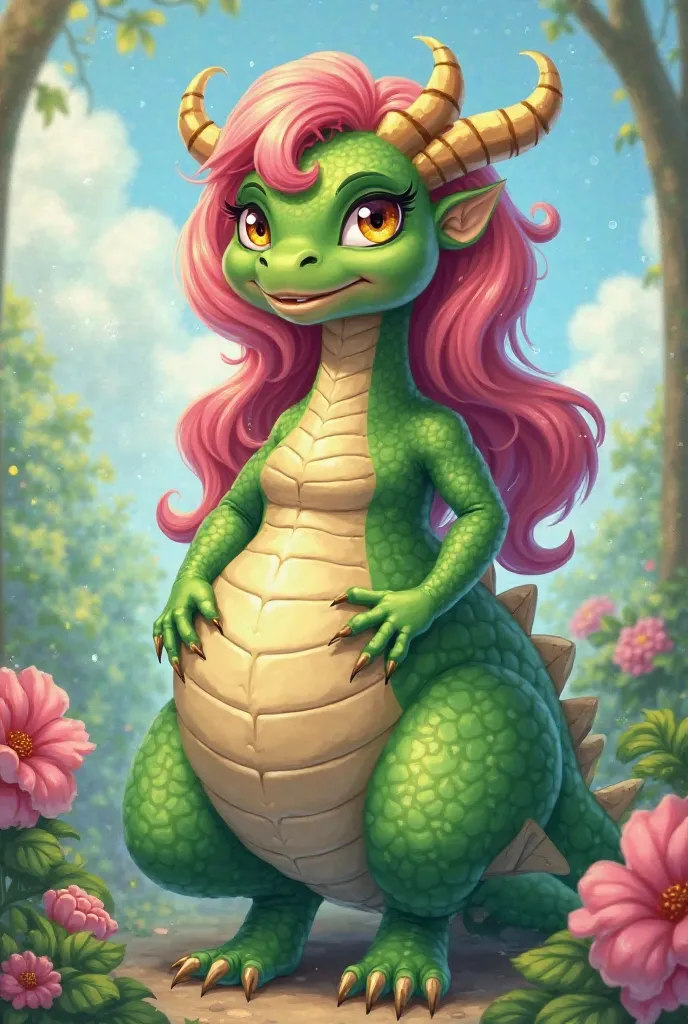 A female dragon , Fat and voluputous, Color green and with pink hair.  cartoon style 