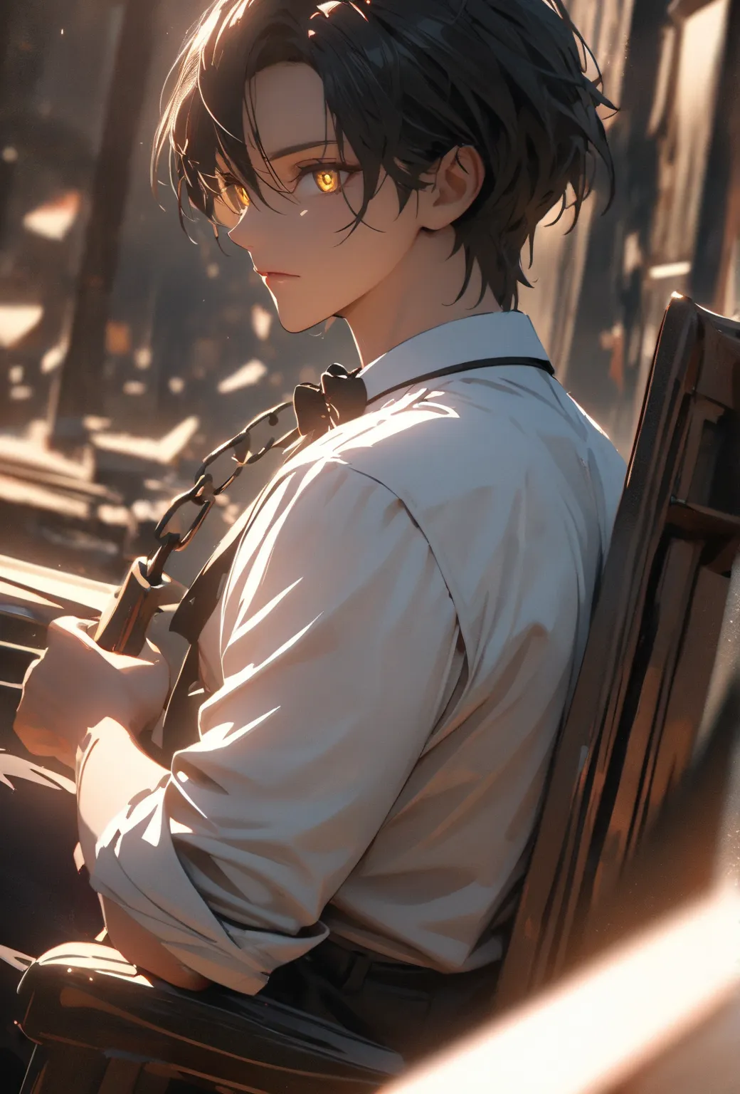 1 male, teacher, wearing white shirt, rolled up sleeves, black long pants, black hair, short hair, dense hair, face to detail, detailed eyes, bright yellow eyes, black bowtie, suit, the background is smoke. Sitting in a chair. Silver chains, Holding a swor...