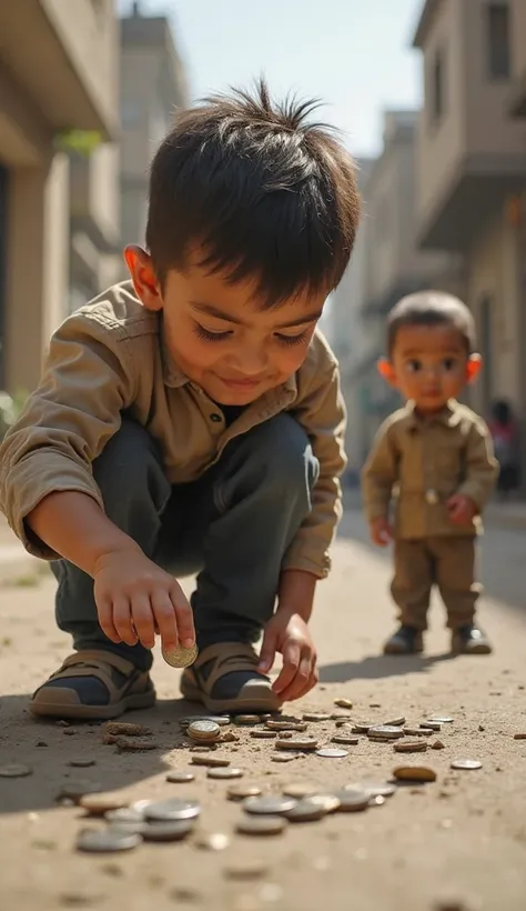 "A young boy, Hasan, bending down on a street to pick up a shiny silver coin lying on the ground. His eyes widen with excitement as he holds the coin in his hand, while Ali watches curiously beside him."

