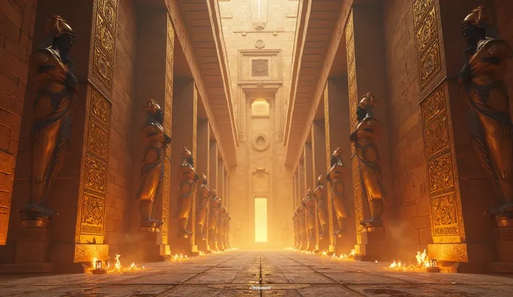 "A grand Babylonian temple with massive statues of gods glowing under soft firelight. The temple walls are adorned with golden inscriptions, and the scene exudes divine mystery and tranquility."