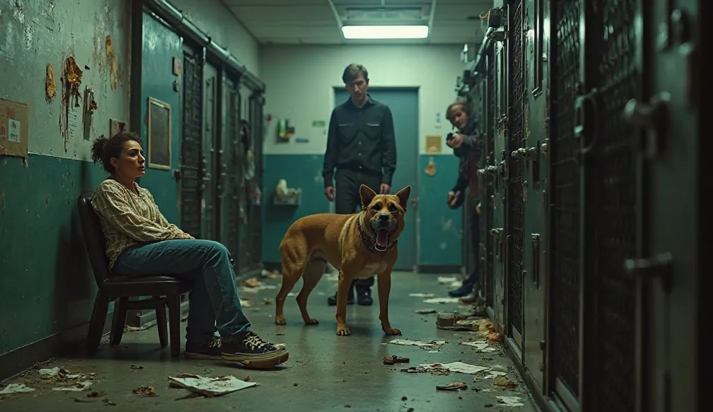 A trashed animal rescue center. Kennels are open, papers and medical supplies are scattered across the floor. A shelter worker, tied to a chair with bruises on his face, looks up in terror as Jack Thompson and Ryan Cole enter with their guns raised. Titan,...