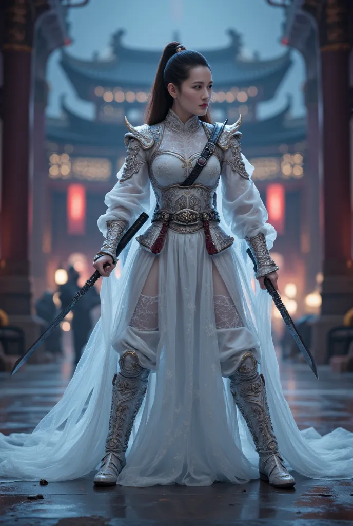 A battle scene in which a female white ninja lands、Place one hand on the floor and hold the wuxia long sword horizontally in front of your face.、Intricate chain mail that fits the body perfectly、sexy， Serious Eyes、Low fighting stance、surrounded by the empe...