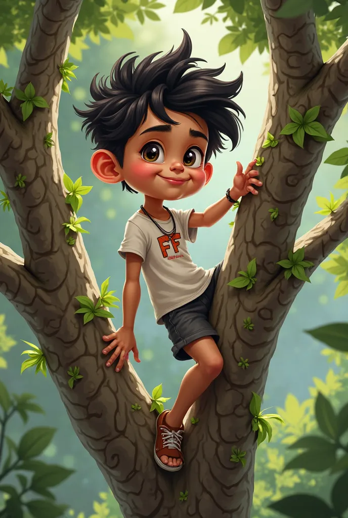 Caricature style A recalcitrant or evil indonesian boy age 10. Wearing a T-shirt with a name "FF", wears a necklace around her neck she climbs a tree Real ultrarealistic photo