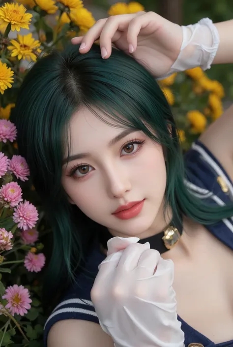 (8K background image with extreme details made in Unity, masterpiece, High quality), ( Exquisite lighting and shade , highly dramatic image, cinematic lens effect), (sailor moon: 1.4), delicate facial features, charming smile, stars, (( dark green hair)), ...