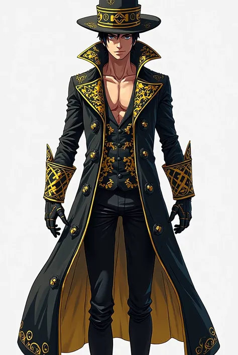 "Create an anime-style full-body illustration of Trafalgar D. Water Law from One Piece wearing a fully covered outfit, including arms and hands. His costume should stay true to his signature look with his iconic hat, but redesigned to be more battle-ready ...