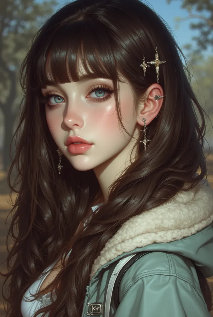  this is an incredibly pretty young woman wearing a hoodie and blue contacts, 1girl, hood, solo, blue eyes, earrings, jewelry, brown hair, star earrings, blurry, parted lips, upper body, looking at viewer, jacket, hooded jacket, outdoors, blurry background