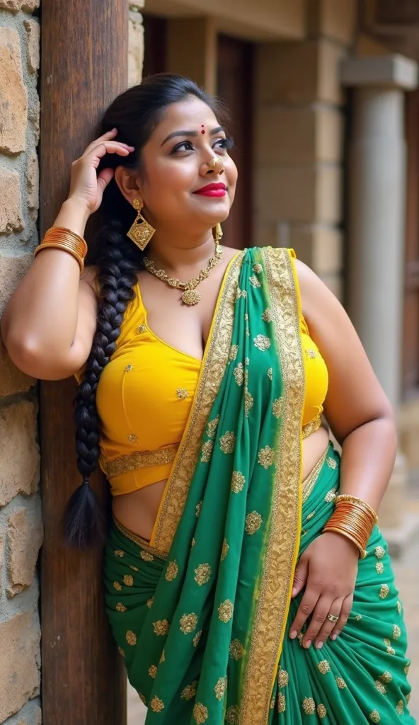 The photograph captures a woman in a traditional Indian outfit, leaning back against what appears to be an outdoor setting, possibly a courtyard or a traditional Indian structure, with stone walls and a wooden pillar in the background. The woman is of Sout...