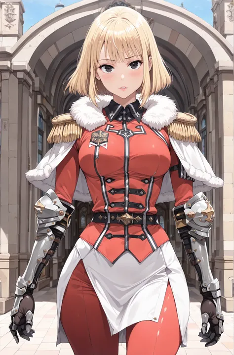 (masterpiece), high quality, (detailed background:1.3), 1girl, solo,
ChopioChaHaeIn, blonde hair, medium hair, black eyes, (looking at viewer:1.3),
bob cut, medium breasts, long legs,
outfit_1, armor, shoulder armor, epaulettes, gauntlets, fur trim, capele...