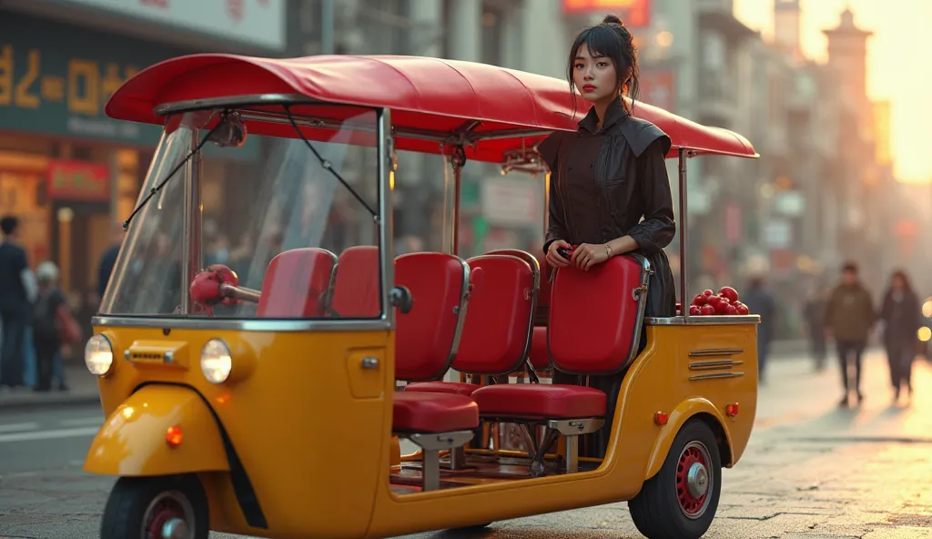 ((RAW A modern, open-air auto-rickshaw with a bright yellow body and red cushioned seats. The vehicle has a red canopy supported by metal rods and an extended passenger area with multiple rows of seats. The design is sleek and functional, resembling a futu...