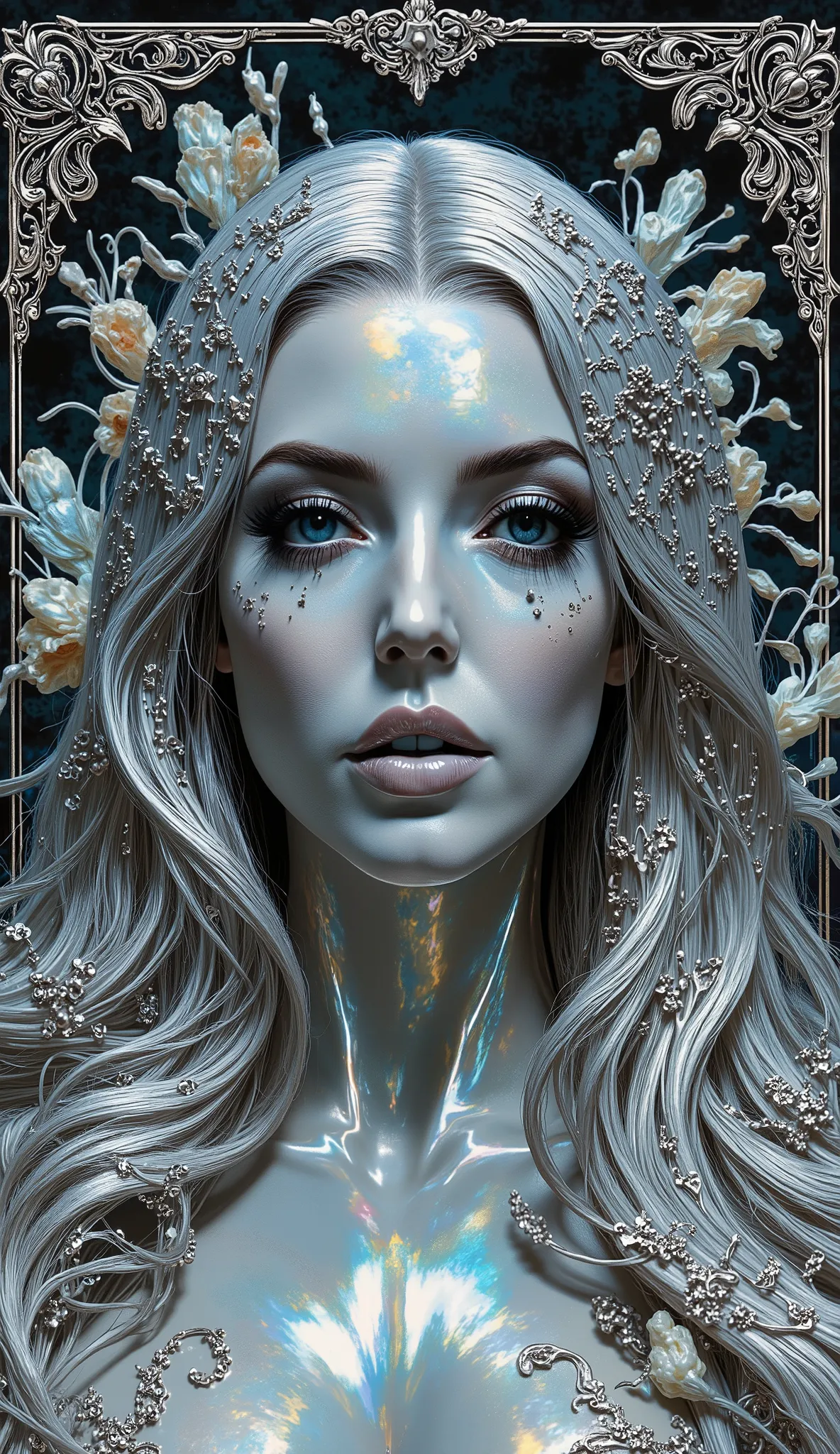 __hr_giger_art___flowing_contours biomechaical__ _strange__eerie__fashion_magazine_cover__art_deco_border___porcelain_and_platinum / A futuristic looking woman with porcelain skin /  long hair. Spiralling Creativity and Unnatural Concepts,iridescent, glimm...