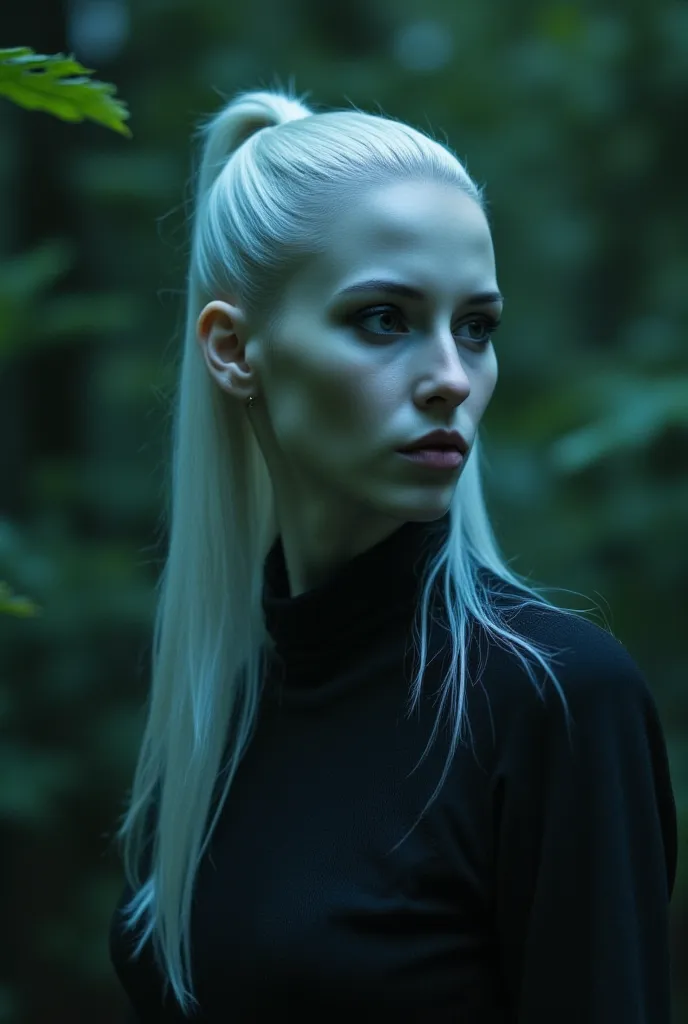 Fashionable of androgynous alien looking witch, glowing eyes, beautiful evil slavic woman, pale skin, long white colored straight hair, futuristic design, minimal details, givenchy, photoreal, 200mm, hd, f/ 2.0, sitting in a gloomy spruce forest, highly de...