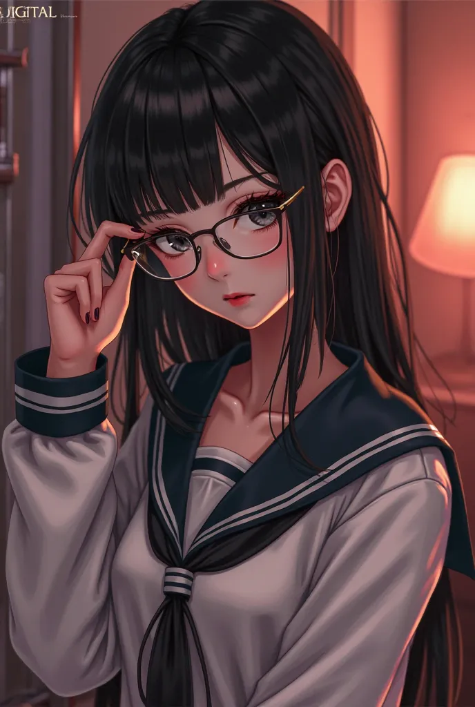 Sexy style, Black long hair with bangs, black eyes, wearing glasses, student uniform Japanese, sexy poses, blush