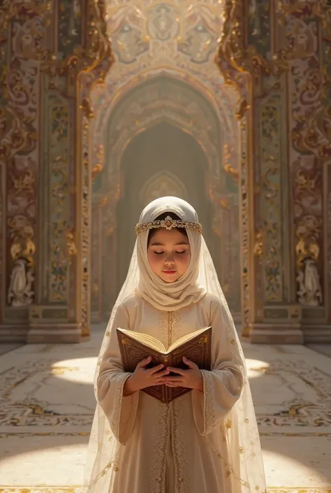 Baby girl with hijab and crown on head wearing gown standing in masjid e nabwi reciting Quran in hand