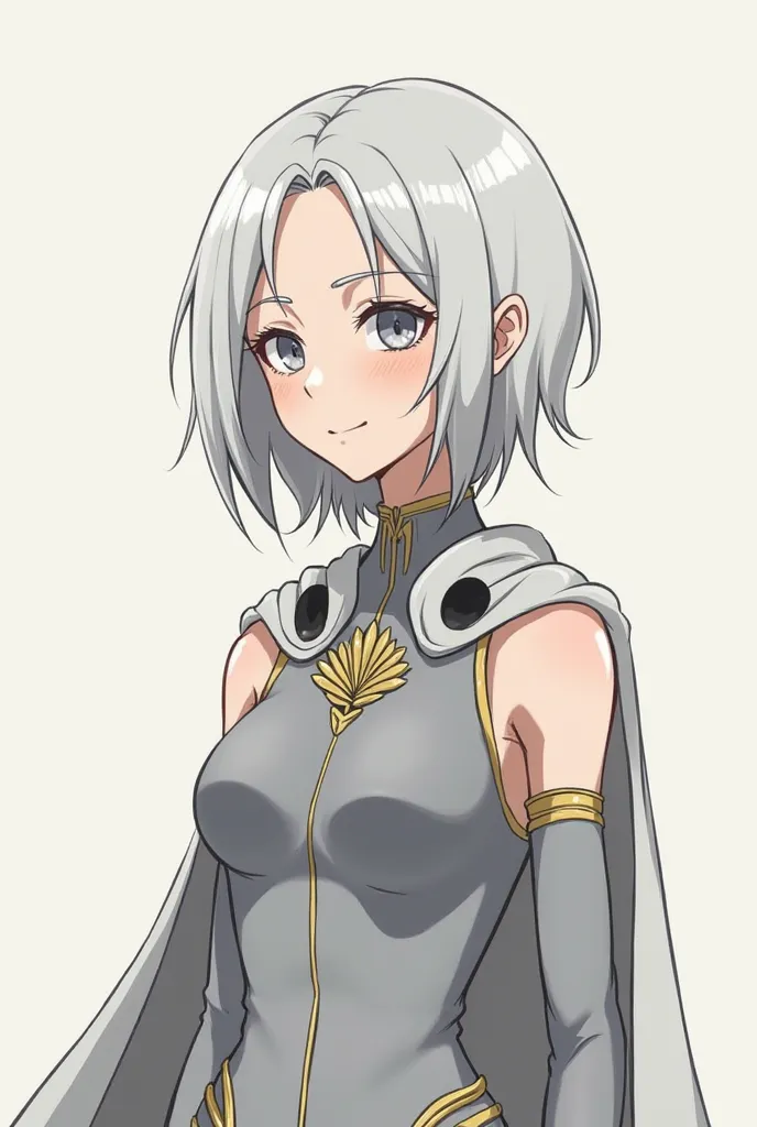 

A young adult woman with pale skin, White Hair, gray eyes with a little color,  short stature, bee, soft, feminine voice.  expression would be, gray hero costume. One Punch Man drawing style