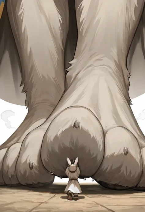  (macro size: 1.1), (describe image of part of a giant rabbit boys lifting his foot in front of an adventurer: 1.2), an adventurer on a path looking at a closeup rabbit foot, simple background, (2boys: 1.1) (height difference), (rabbit foot closeup: 1.1), ...