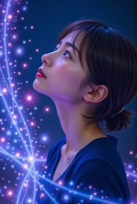 age Japanese woman, Alone, Profile of a beautiful Japanese woman looking up at the night sky, Artistic close-up photo, extra close-up:1.5, (masterpiece:1.2,  exceptional quality , Mirror-like, cinematic experience where you stretch your left hand horizonta...