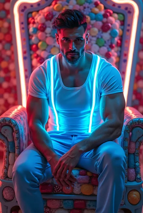  handsome man, husky, short hair, dark, white fitted t-shirt, sky blue straps, shiny, illuminated, flashing ,  neon blue  ((tirantes azules celeste illuminated, flashing ,  neon blue )) full body, sky blue pants, You have short white sneakers, sexy,  ((sit...