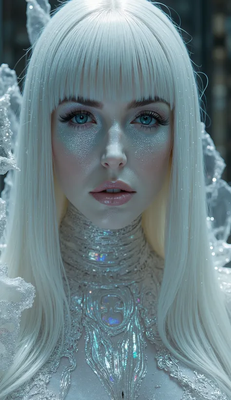 __hr_giger_art___flowing_contours biomechaical__ _strange__eerie__fashion_magazine_cover_ __porcelain_and_platinum / A futuristic looking woman with porcelain skin /  beautiful straight long hair.  Creativity and Unnatural Concepts,iridescent, glimmering