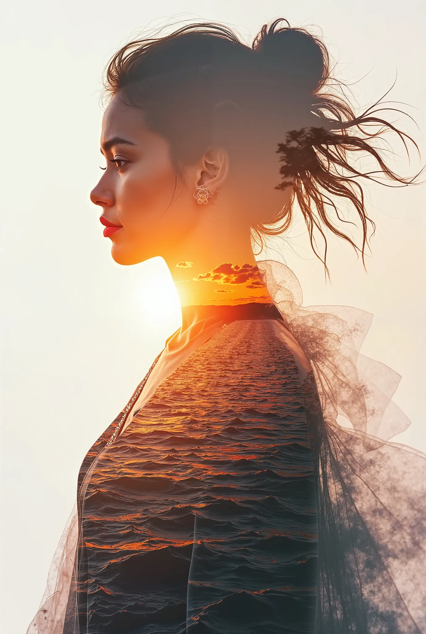 high quality, 8kissK Ultra HD, A beautiful double exposure that combines an goddess silhouette with sunset coast, sunset coast should serve as the underlying backdrop, with its details incorporated into the goddess , crisp lines, The background is monochro...