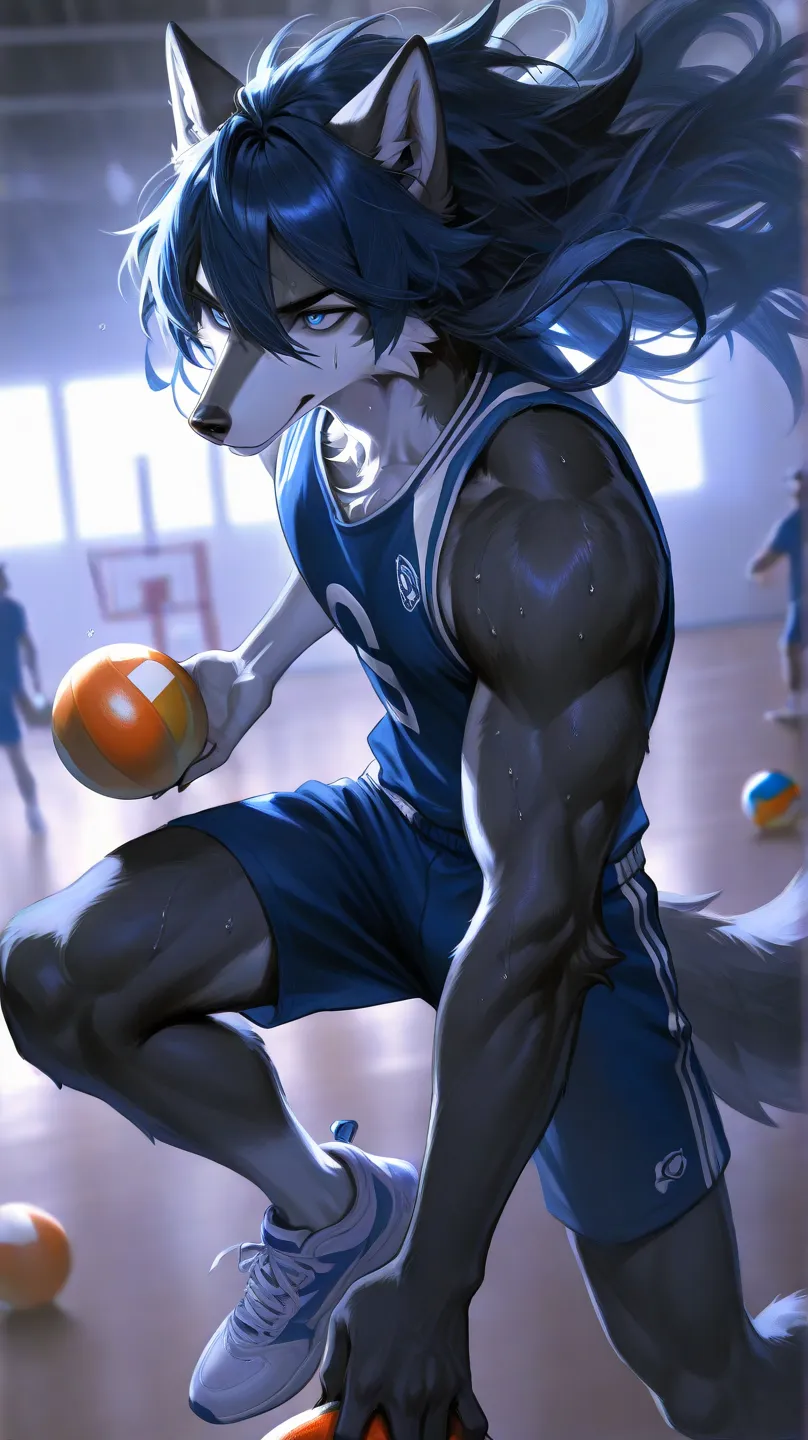 Basket ball cort, one male furry, male blue eyes、male short dark blue hair, male furry with muscular body, dark blue black furry male, long bangs, close up,male muscular body, long hair, snout, wolf ears, wolfy furry fox (light color:1.4)GBF_style、748cmsty...