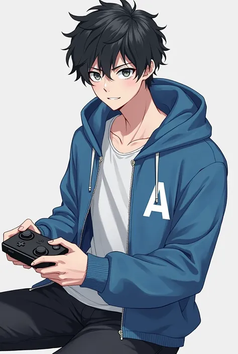 A black-haired male character, booklet style, with lenses, a blue zip-up sweatshirt with a hat. with the capital letter A in white color on the right side, with a white t-shirt and black pants that play video games and in anime or manga style.