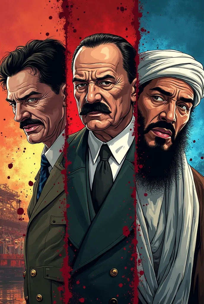 Jeffery Dahmer, adolf Hitler and Osama bin laden,3 panels, cool posing, awesome full color, make them have cursed energy, caption "they have reached 120% of their pottential, anime comic style