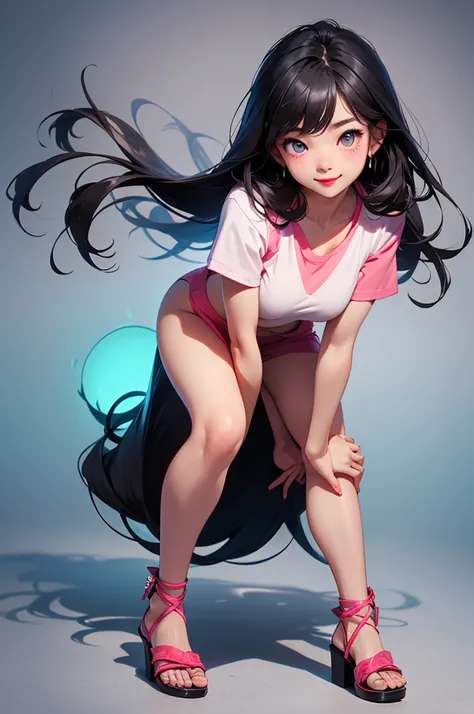 full body, High quality, anatomically correct, excellent detail, asian girl,  young, 18 years old, big boobs, eyes black smile, red lips, black hair, long hair, shy face , shot small light blue, long white t-shirt, long white legs, pink sandals 