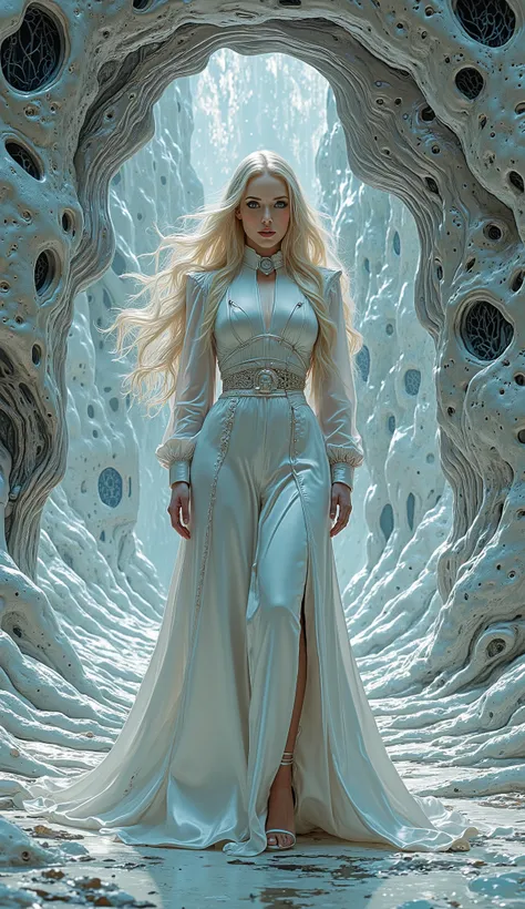 __hr_giger_art___flowing_contours biomechaical__ _strange__eerie__fashion_magazine_cover__art_deco_border___porcelain_and_platinum / A futuristic looking woman with porcelain skin /  long hair