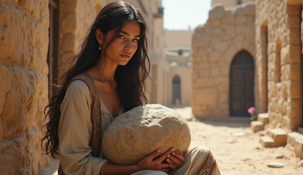 Create a hyper realistic image a 20 year Baghdad woman sitting with a big rock . , ancient village style