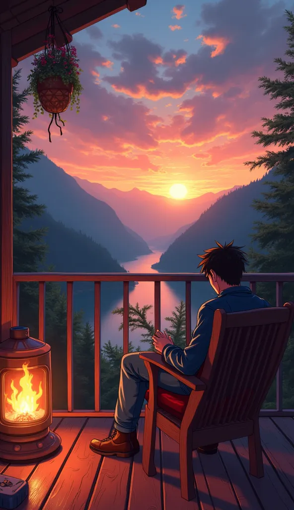 A cozy, rustic balcony overlooking a serene river valley at sunset, with a warm fire burning in a heater, an sad anime guy wearing blue jacket and and blue jeans sitting on a comfortable wooden chair with a red cushion, and a peaceful, scenic view of the s...