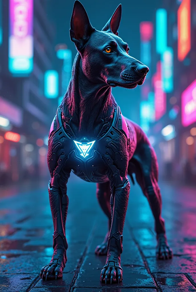 A futuristic cybernetic dog with glowing neon accents in Monad blockchain colors (shades of deep blue, purple, and teal). The dog has a sleek, robotic exoskeleton with circuit-like engravings and a holographic Monad logo subtly embedded on its body. The ba...