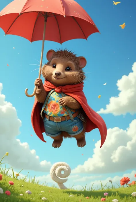 Beautiful cartoon,  cartoon, Pixar style, A porcupine soars in the sky descending to the ground on an umbrella Handsome in the Red Cloak dressed in an eccentric painted shirt and denim shorts with a pocket, small boots, A beautiful sunny day, clouds, you c...