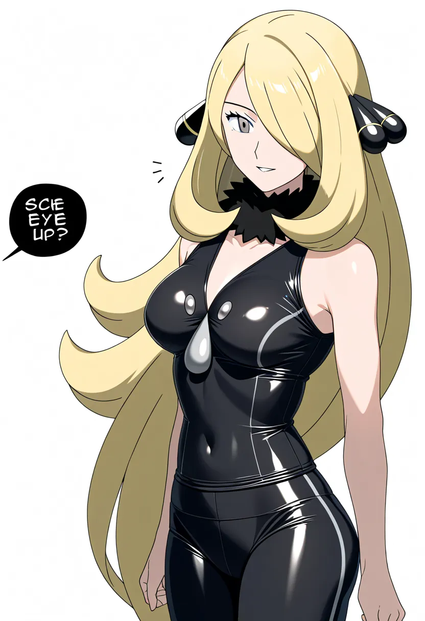  score_9,  score_8_up,  score_7_up,  anime、
 1girl ,  Cynthia \( Pokémon\), blond hair,  hair over one eye , very long hair,  gray eyes,  eyelashes, hair ornaments close to the garden,
, black shirt,, sleeveless,cowboy shot、 viewers, Alone, simple backgrou...