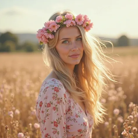 Une femme au cheveux Blonde mi-longs dans le vent portant une couronne de fleurs de sakura sur la tête et avec des bébés pingouins a ces côté et en arrière-plan une campagne avec des champs de fleurs ultra réaliste 