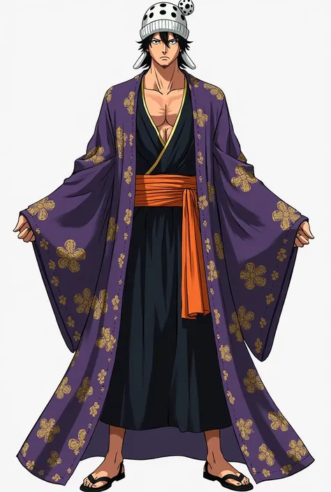 "Create a full-body costume design for Trafalgar D. Water Law from One Piece inspired by the traditional kimono-style robe. The robe should be dark purple with golden flower patterns on it, similar to the image provided. The coat should have wide sleeves a...