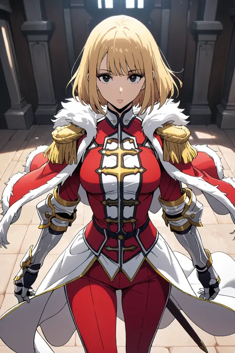 (masterpiece), best quality, (detailed background:1.3), 1girl, solo,
ChopioChaHaeIn, blonde hair, medium hair, black eyes,looking at viewer,
bob cut, medium breasts, long legs,
outfit_1, armor, shoulder armor, epaulettes, gauntlets, fur trim, capelet, red ...