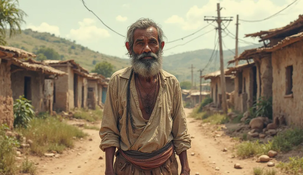 A poor farmer named Ramu standing in a small rural village, wearing tattered clothes, looking worried and tired.