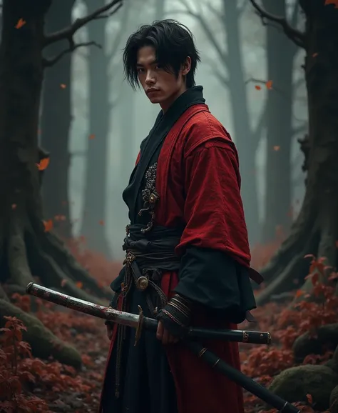 young man with calm face ,Male Dark, dark Woods,Red & Black colors, pale eye, samurai dnd, ronin background, hold katana in right hand