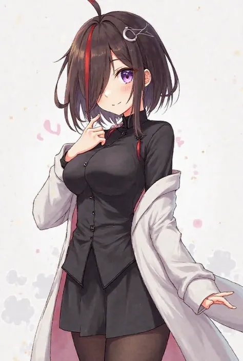 an anime girl with short dark brown hair with red and white locks,  and some tufts covering her left eye , her clothing is a short white robe and a black blouse with a slit , a black skirt, And some black tights , showing the breasts