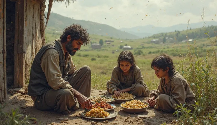 A small farmland with a poor farmer working hard, his family sitting nearby with little food on a plate, looking worried about their future.