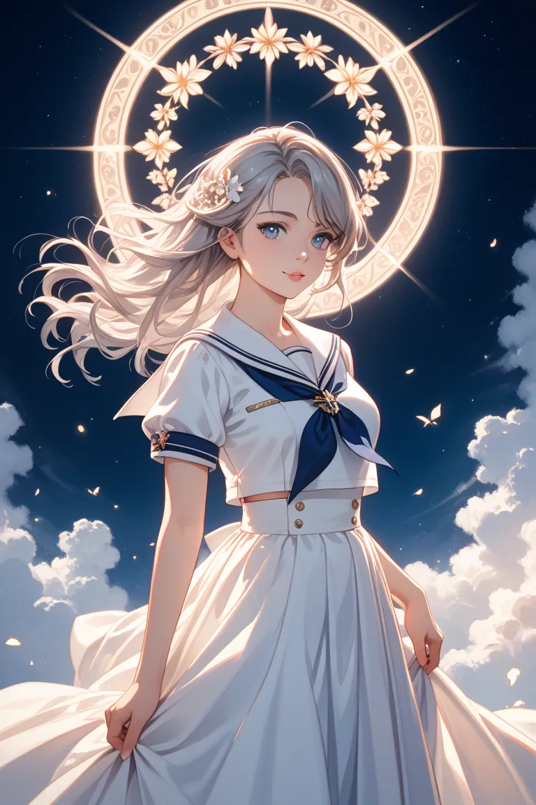 Draw an angel girl wearing a sailor suit with long gray hair
